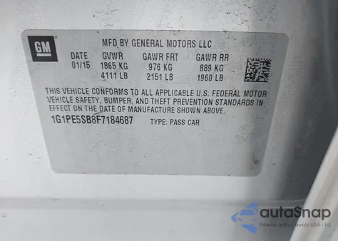 2015 Chevrolet Cruze 2Lt Auto z USA, uszkodzony, nr VIN 1G1PE5SB8F7184687